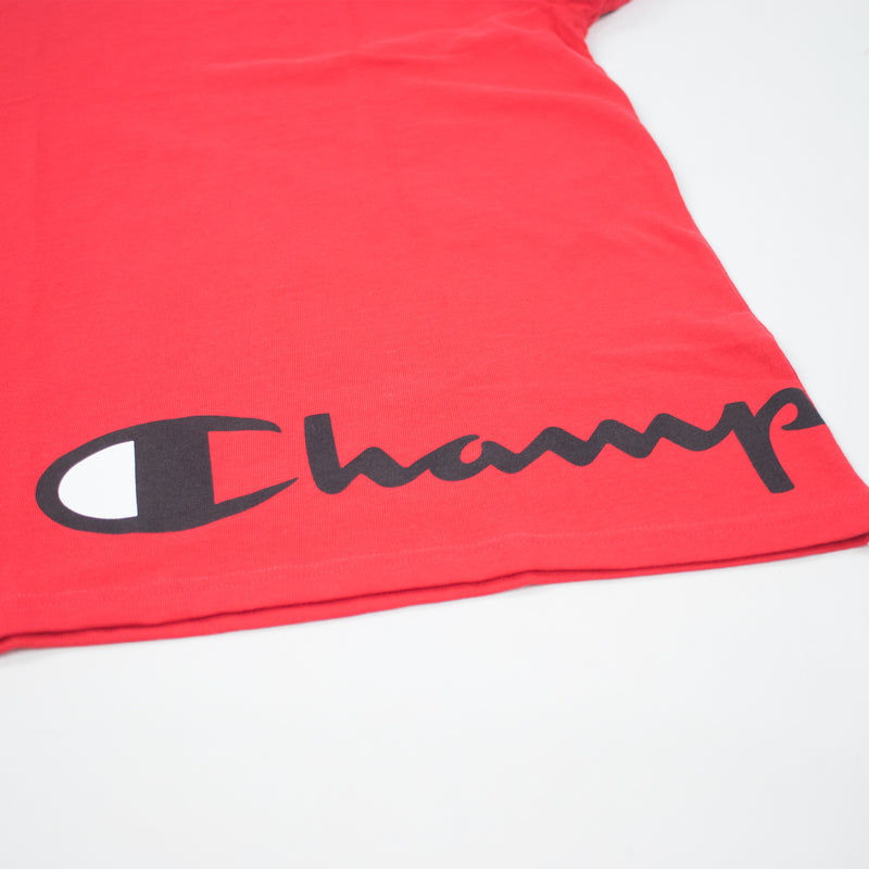 Champion Men's Reverse Weave Wrap Script Tee Team Red Scarlet Artwork